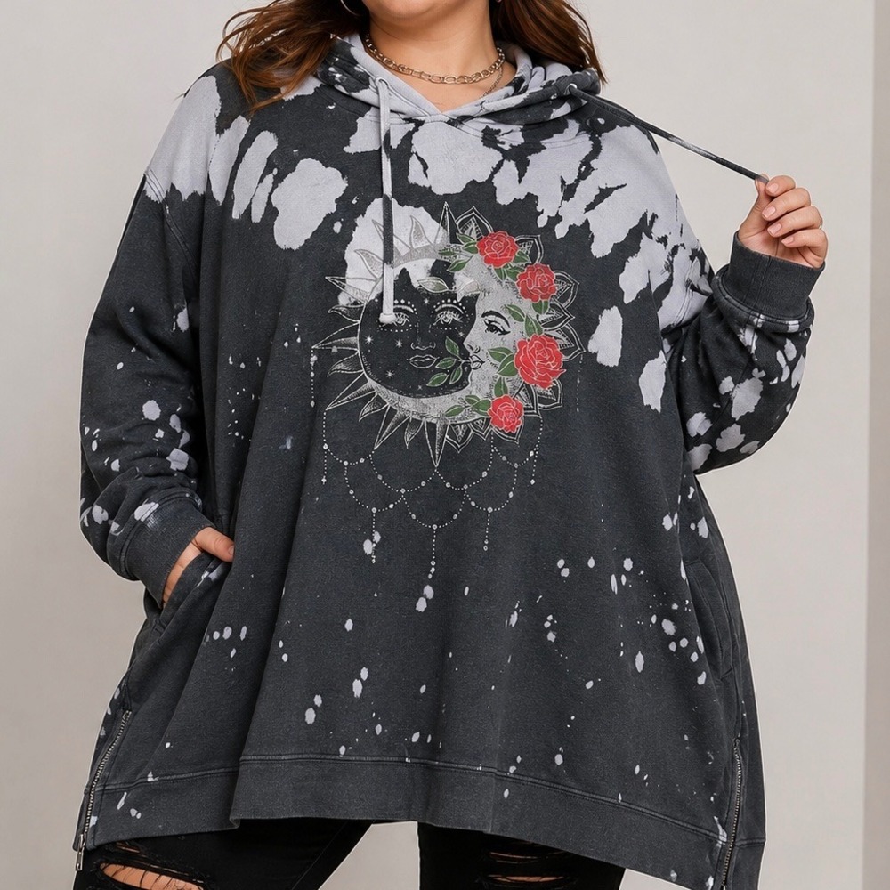Torrid Plus Sz 6 Celestial Sun Moon Roses Bleach Tie Dye Oversized Hoodie Tunic